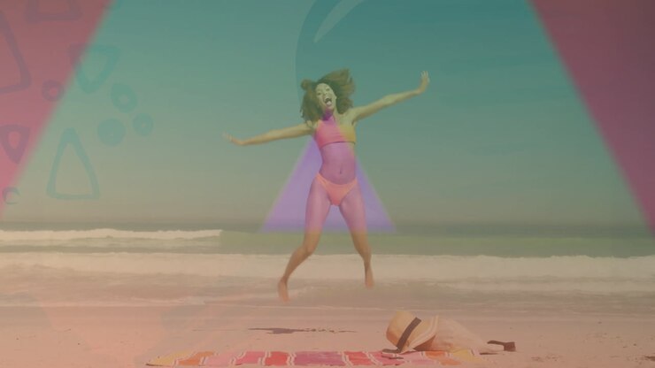 Animazione di donna che balla sulla spiaggia sotto un faro colorato