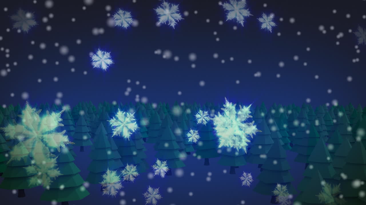 Animation of snow falling over winter landscape
