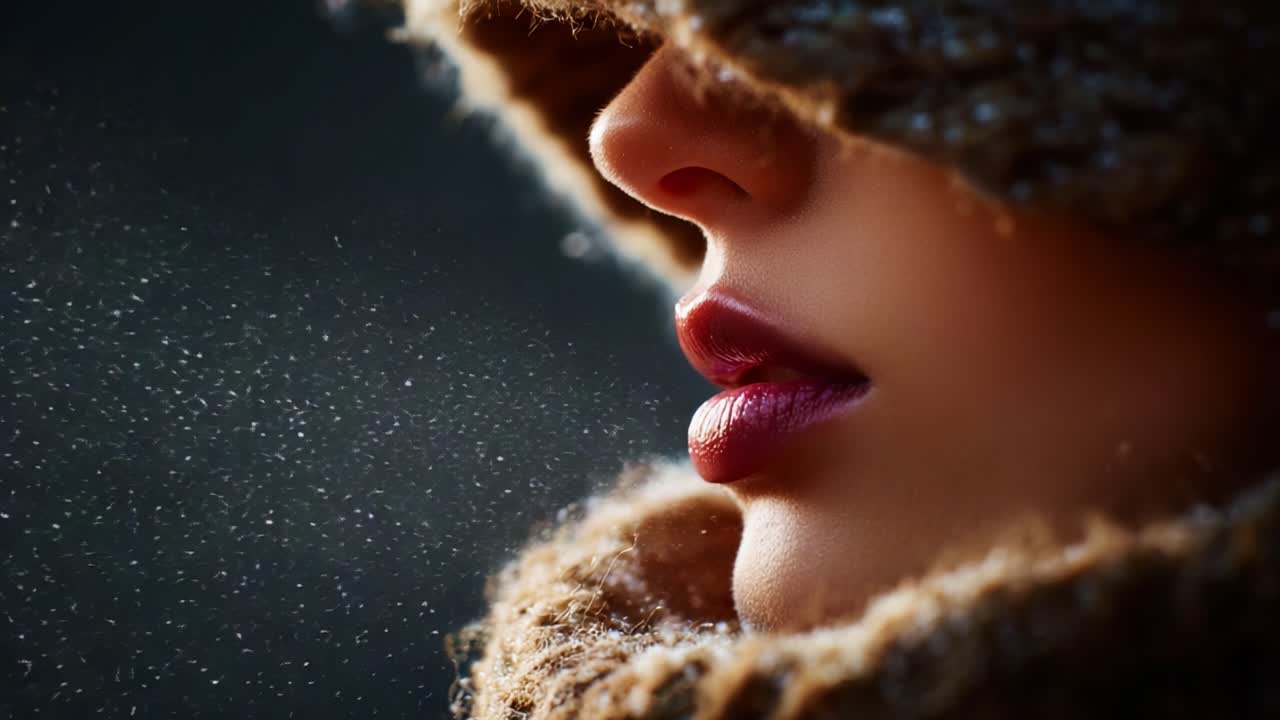 A Close-Up Profile Image of a Woman with a Cozy Scarf and Frosty Breath, Captured in a Chilly Winter Setting, Showing an Atmosphere of Serenity and Intimacy