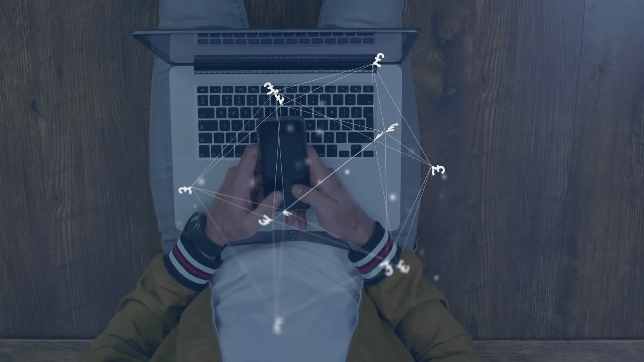 Animation of connections and currency symbols over biracial man using smartphone