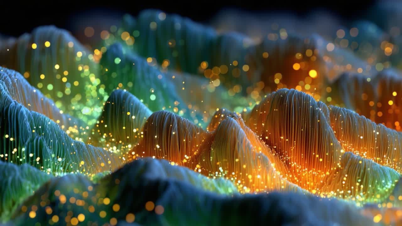 A Captivating Visualization of Abstract Mountain Ranges with Vibrant Colors and Sparkling Light Effects, Showcasing the Beauty of Digital Art and 3D Graphics