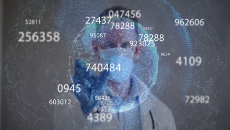 animation of statistics recording and globe over male doctor wearing gloves and face mask