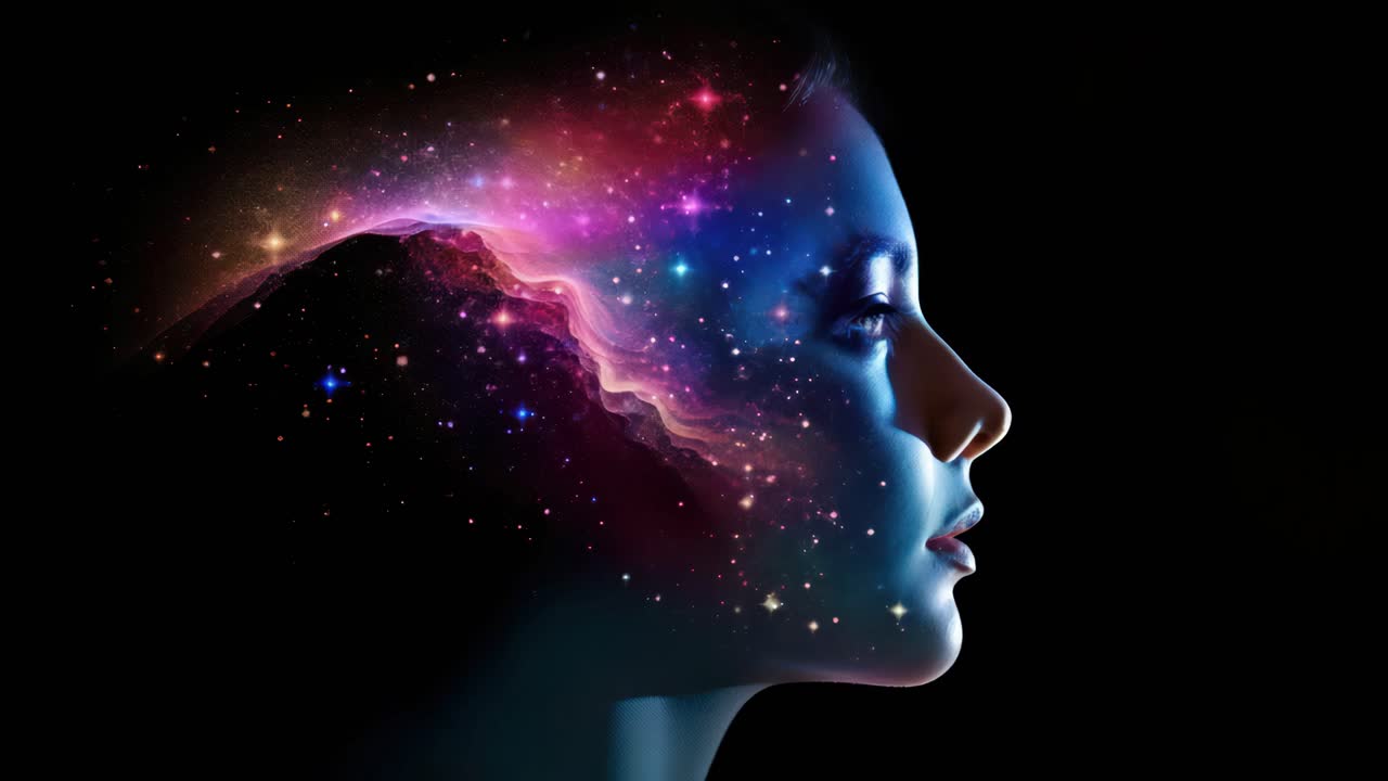 A side profile of a woman's face merges with a cosmic galaxy, captured in a surreal, artistic style