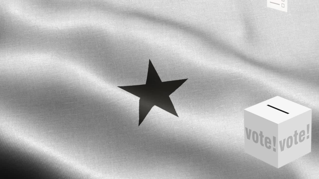 발 앞에 있는 투표용지 - 투표용지가 가나 선택을 위해 상자에 날아갑니다 - 선거 - 투표 - 가나의 발 - 가나 발 높은 세부 사항 - 국가 발 가나 파동 패턴 루프 가능한 요소 - 직물 질감과 끝없는 루프