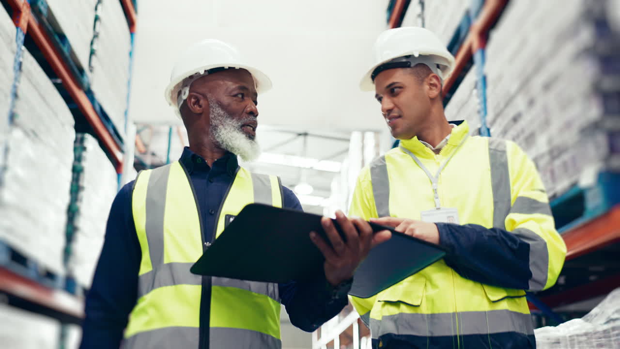 Warehouse, logistics and men with inventory check