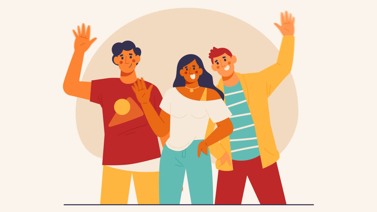 손으로 그려진 평평한 디자인의 애니메이션 사람들이 그림을 흔들고 있습니다.