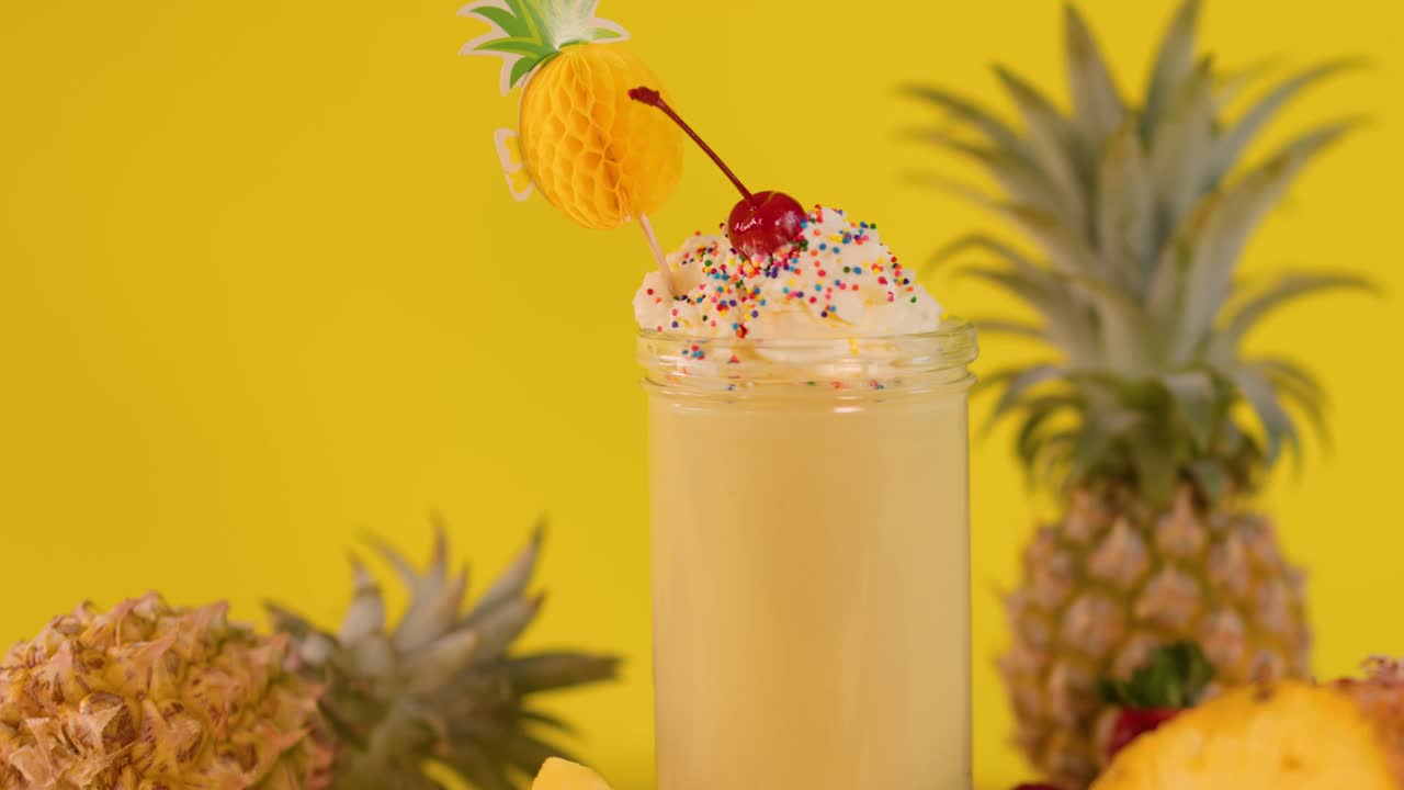 Una mano aggiunge una cannuccia rossa decorativa a un frullato di ananas con granelli colorati