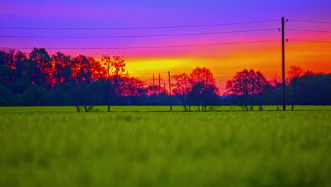 zoom lento a través del campo verde con un espectacular cielo de puesta de sol naranja rojo púrpura