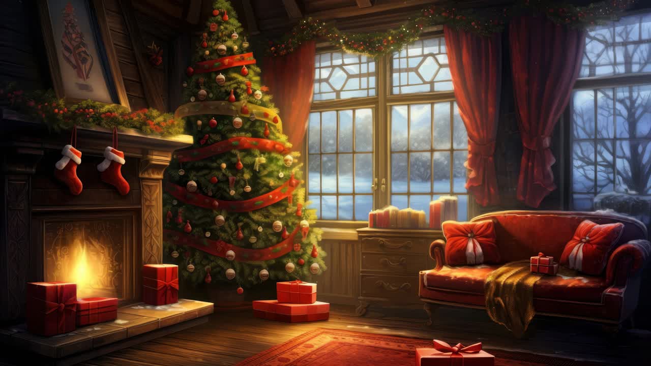 Cozy Christmas living room scene with a decorated tree and fireplace ...