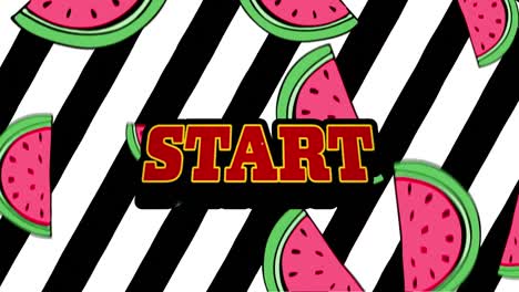 Animation-of-start-over-striped-background-with-falling-watermelons