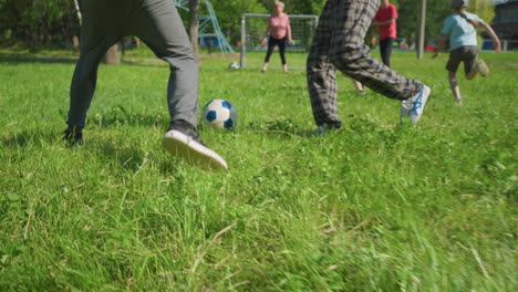 a lively family soccer game on a grassy field, focusing on players' legs as they approach the ball, in the background, a blurred view of a woman standing in the goalpost