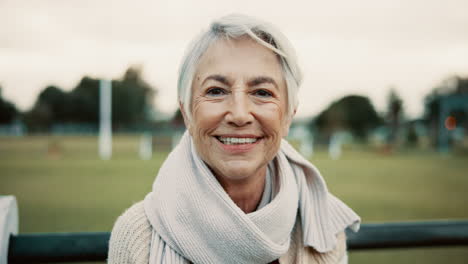 face, senior woman and smile on park bench
