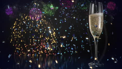 animation of fireworks and confetti falling over champagne glasses