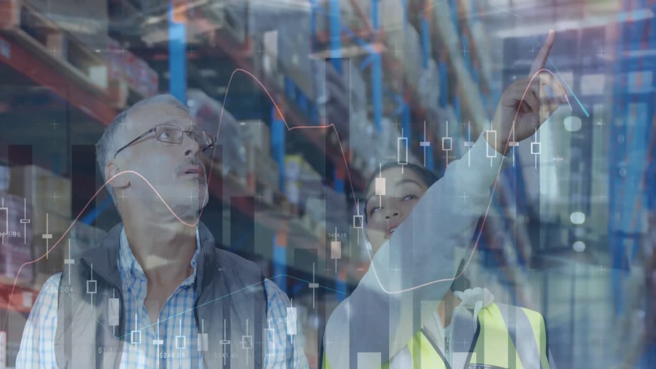 animación de estadísticas y procesamiento de datos financieros sobre hombres y mujeres que trabajan en almacenes