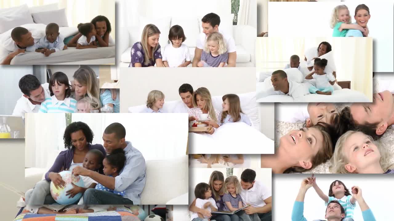 두 가족 이 침대 에서 함께 놀고 있는 장면