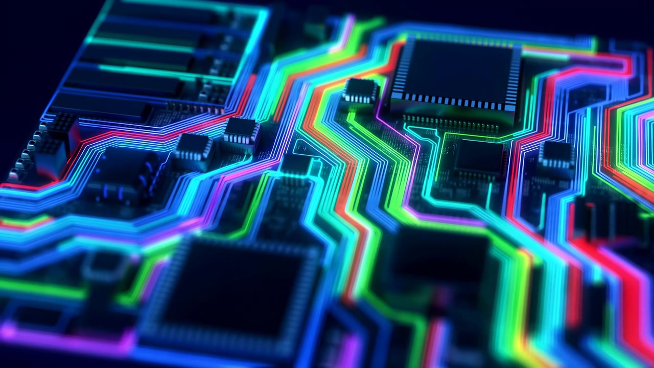 Neonlit Motherboard With Glowing Multicolor Traces, Closeup Macro Of Chips And Routed Pathways, Dynamic Data