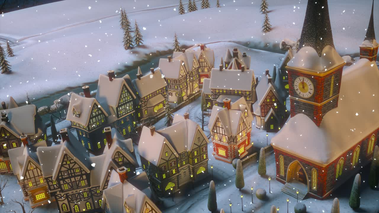 산타클로스는 선물이 들어있는 가방을 들고 있습니다. 크리스마스 축하와 새해 축하 2021 애니메이션 크리스마스의 겨울 밤에 작은 마을 또는 마을의 풍경