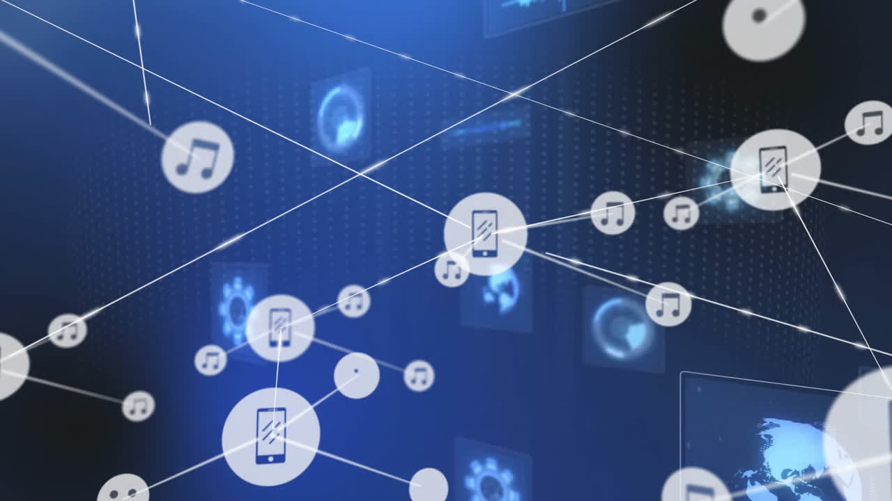 Connected devices and music icons, digital network with animation on blue background