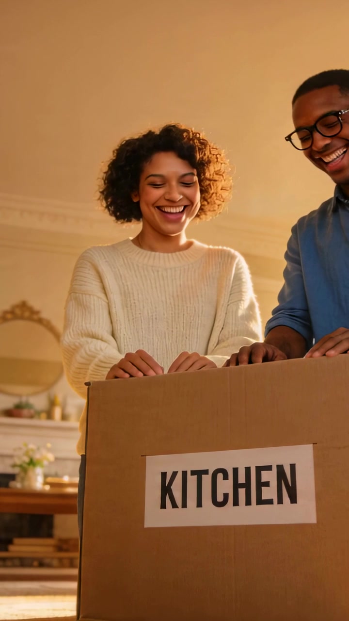 Video verticale: Coppia che ride si scambia sguardi con le mani su una scatola "KITCHEN" a casa, mentre impacchettano.