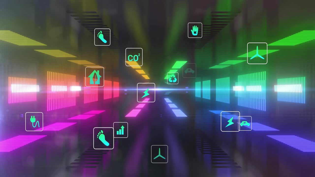 Horizon flare sparking icons forming and flowing forward energy icons pulsing to show eco data