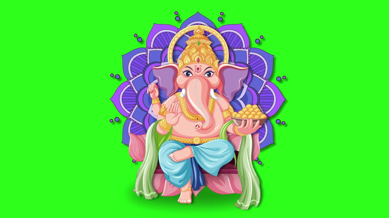 Uma divindade elefante animada e colorida aparece sobre uma mandala roxa giratória em um fundo de tela verde.