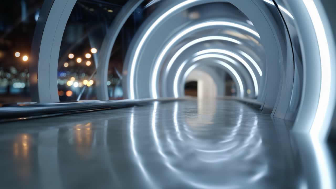A futuristic illuminated tunnel showcasing a sleek design and reflective surface, enhancing the sense of depth and minimalist aesthetics in modern architecture
