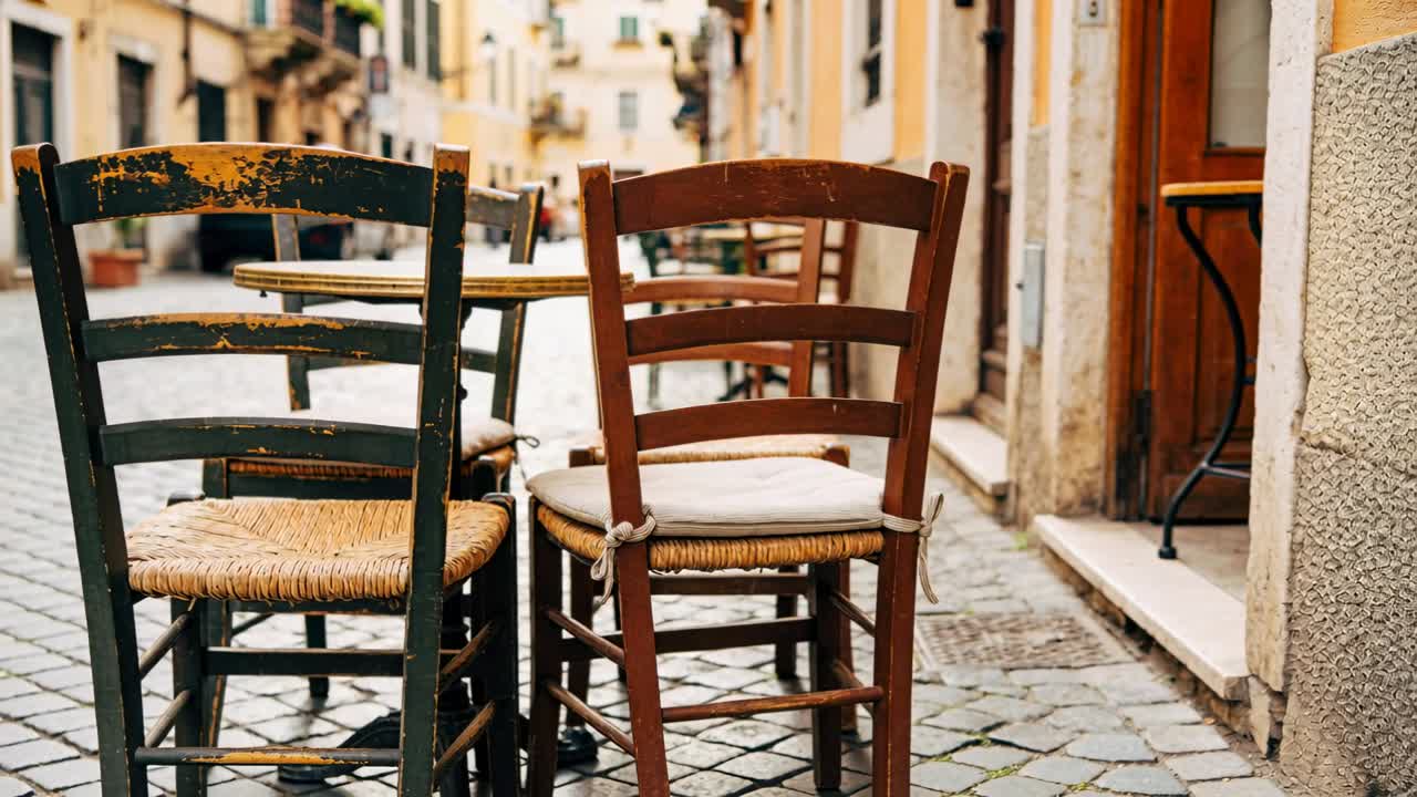 Vertical video: Pulling camera revealing wooden cafe chairs on cobbled street showing narrow alley