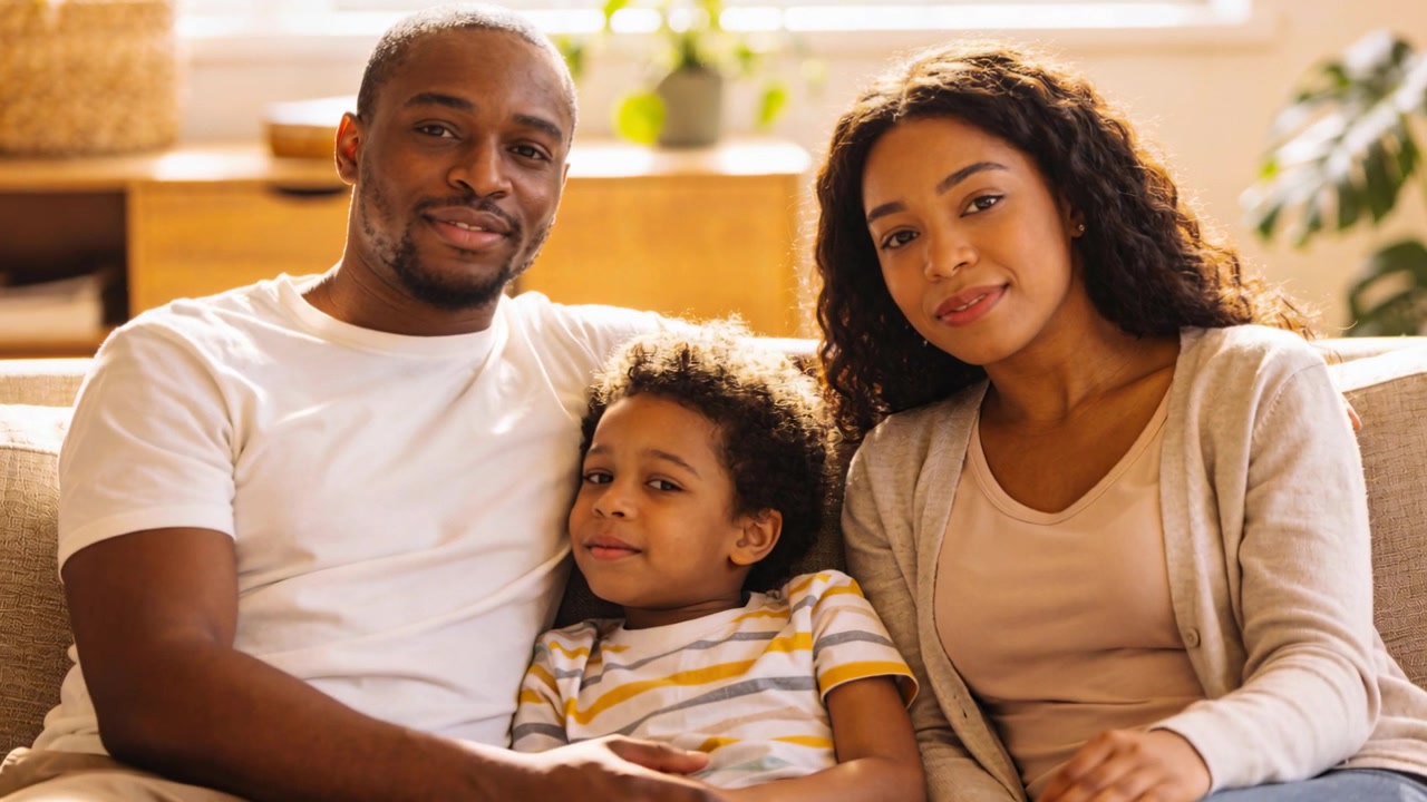 Parents et enfant souriants changent de poses sur le canapé du salon, la caméra tourne, chemise rayée.