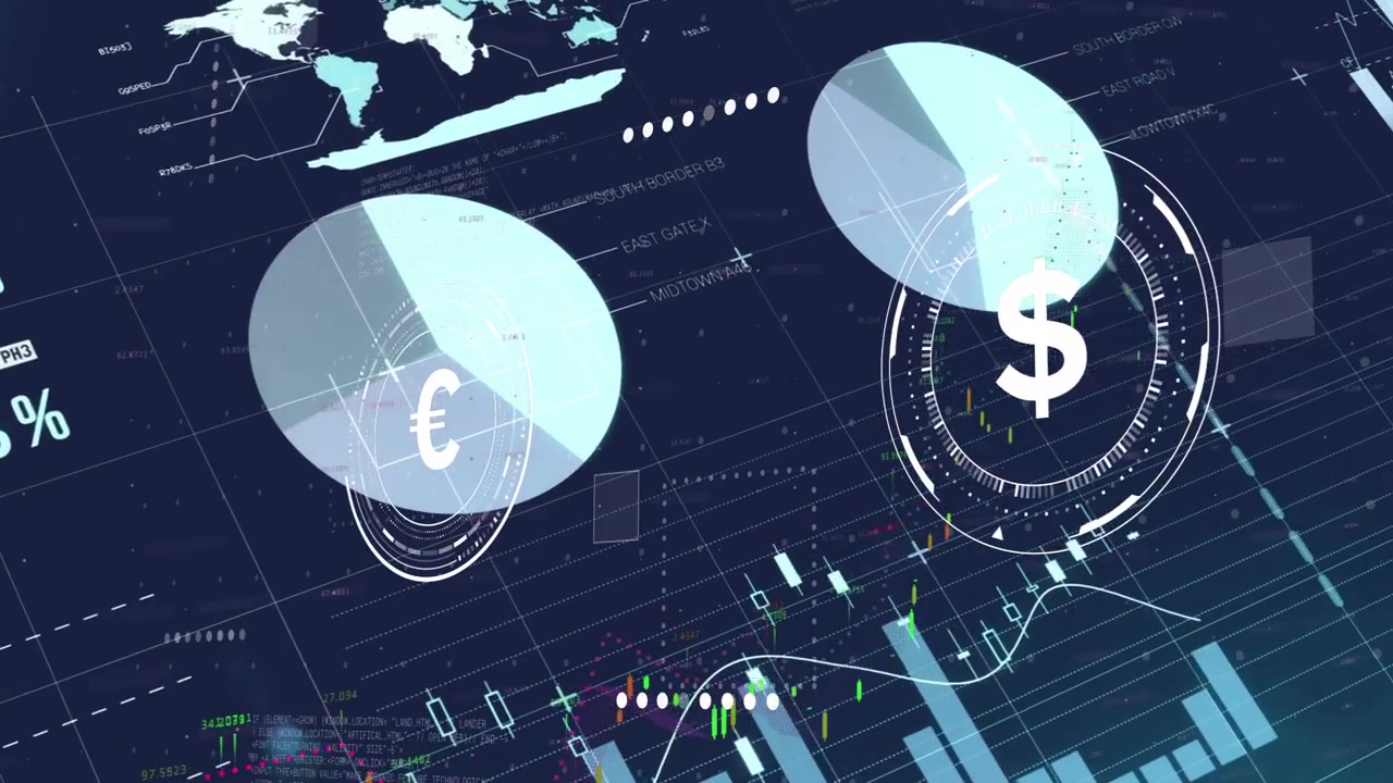 En løkke starter, FX HUD viser syklisk roterende euro-diagram og dollarring, oppdaterer lysstakediagram som viser valutakurser.