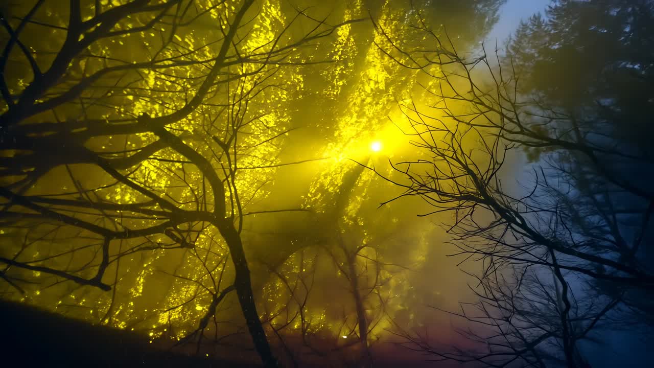 Rising smoke showing boughs around trees glowing in gold on hillside, with embers and bright dot