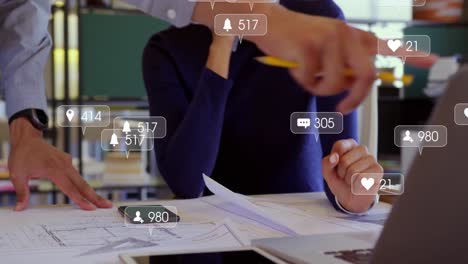 animation of social media icons with growing numbers over diverse business people shaking hands