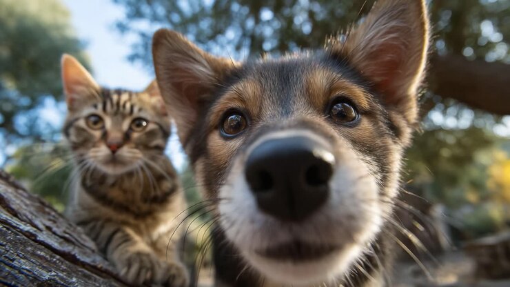 Primer plano de un perro juguetón y un gato curioso explorando juntos la naturaleza, mostrando la belleza de la compañía animal en un entorno sereno al aire libre