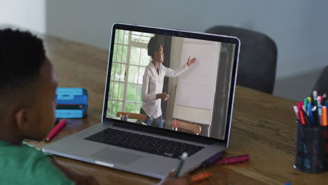 niño afroamericano haciendo una videollamada en una computadora portátil mientras hace la tarea en casa