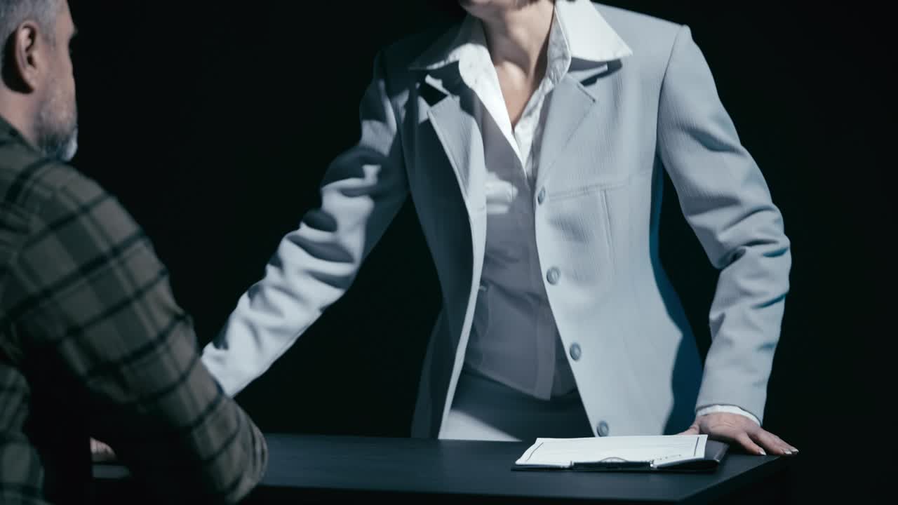 detective mujer interrogando a un sospechoso masculino en un caso criminal, investigación de un crimen