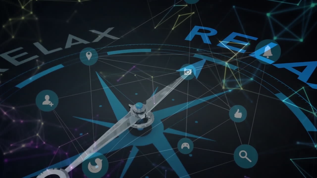 animación de la red de conexiones con iconos sobre brújula con texto en fondo negro