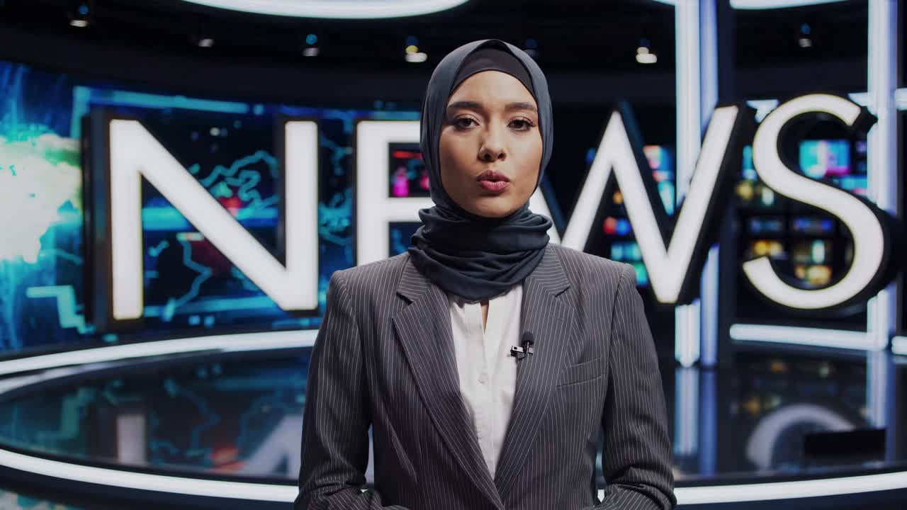A video still shows a news presenter in a modern studio, captured from a low-angle shot