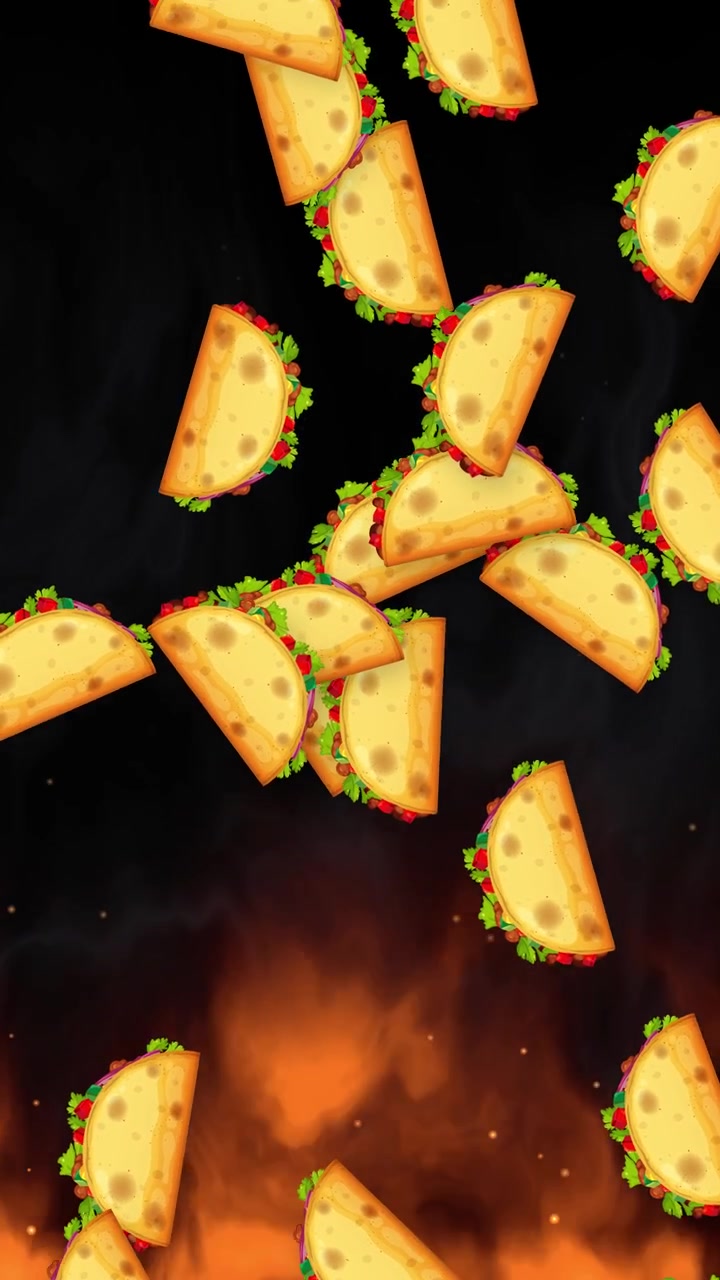 Tacos animati che cadono su uno sfondo infuocato.