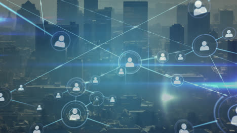 animation of network of connections over cityscape