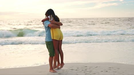 Ocean,-sunset-and-indian-couple-with-hug