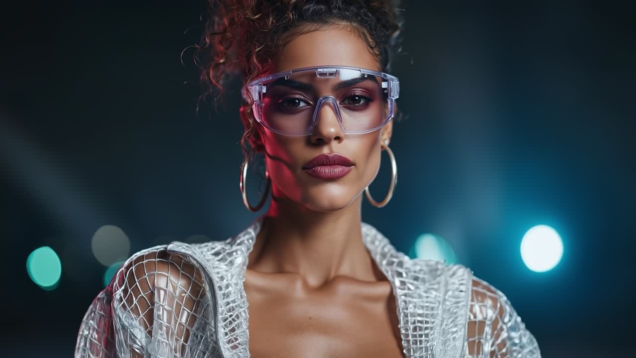 Futuristic woman wearing silver sequin top and transparent glasses looking at camera in city night lights