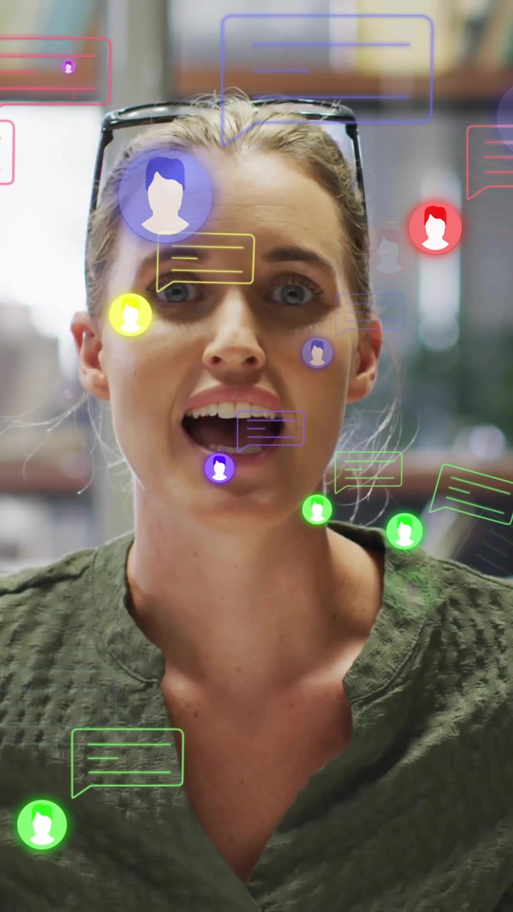 Animation of media icons over caucasian businesswoman having video call