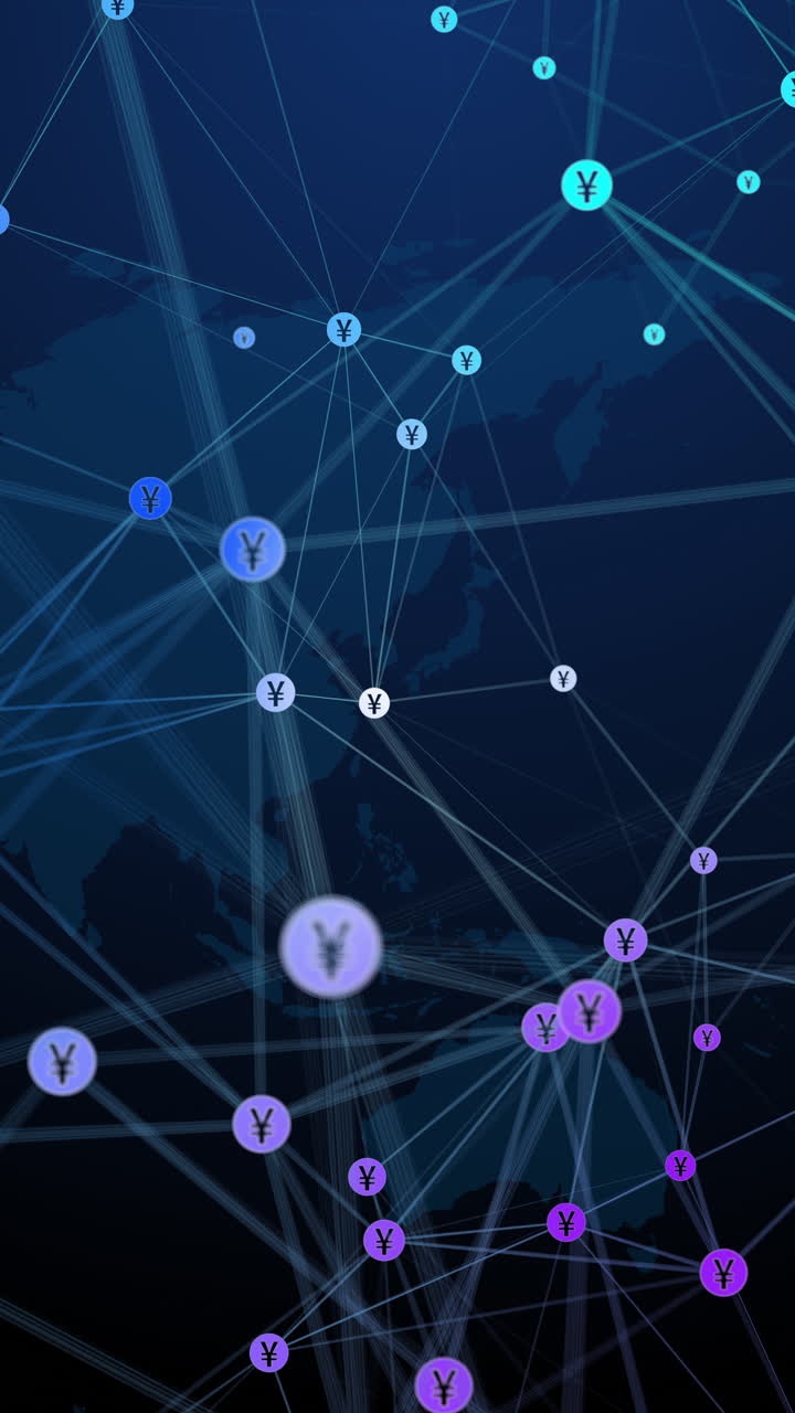 Numerous lines and dots with symbols of the Japanese yen on the background of a dark blue world map. Abstract polygonal blurred looped animation. Vertical video.
