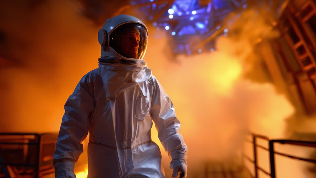 Astronauta in tuta spaziale che attraversa un ambiente infuocato, con luci intense e fumo, catturando la tensione e l'attesa di una missione spaziale.