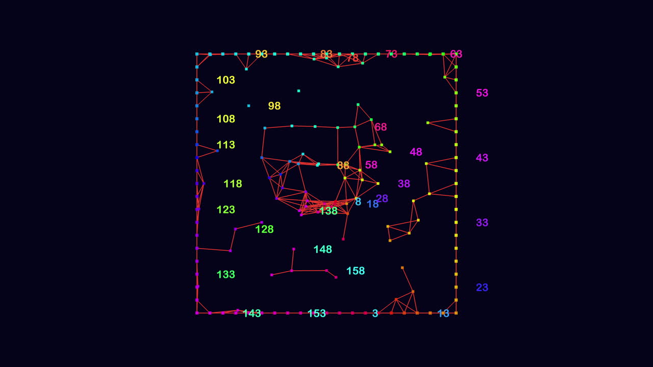 Visual of a grid featuring colored lines and dots meticulously arranged in a pattern