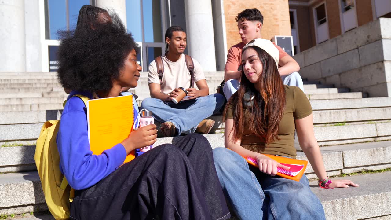 Diverse Group of Young Students Socializing on Campus Steps