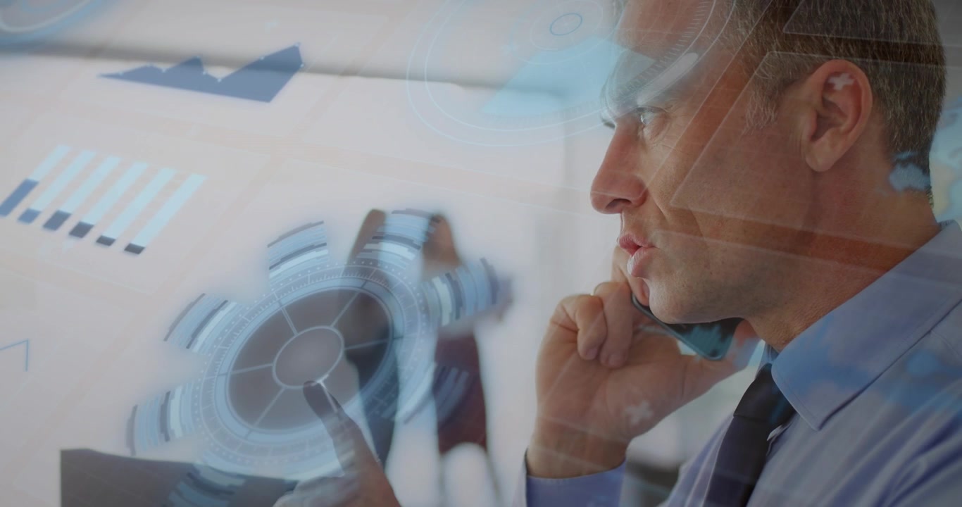 Animation of interface with data processing over caucasian businessman using smartphone at office