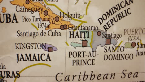 close-up of a map of the caribbean region