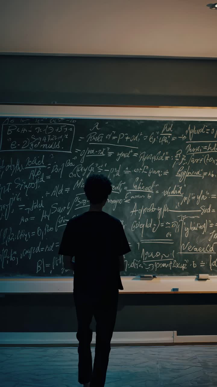 A video still shows a person from behind, standing at a chalkboard filled with equations