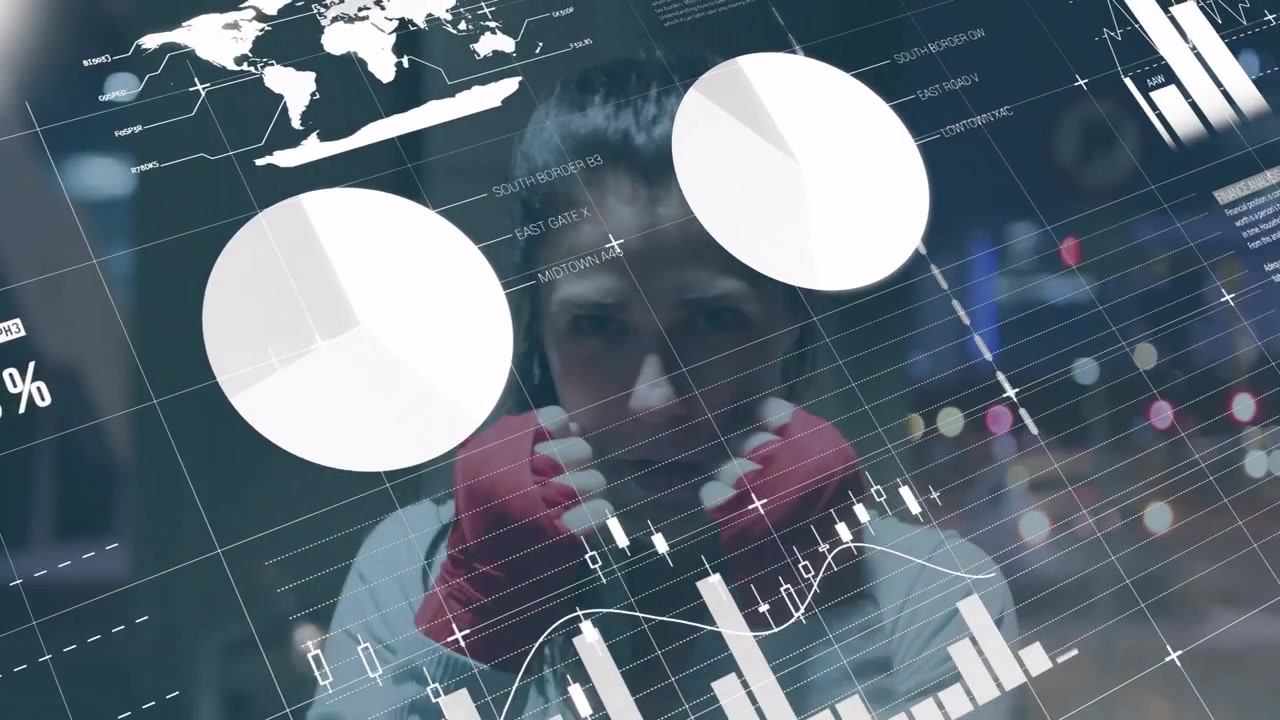 When gauge dropping to half, female boxer punching transparent data panel updating finance charts