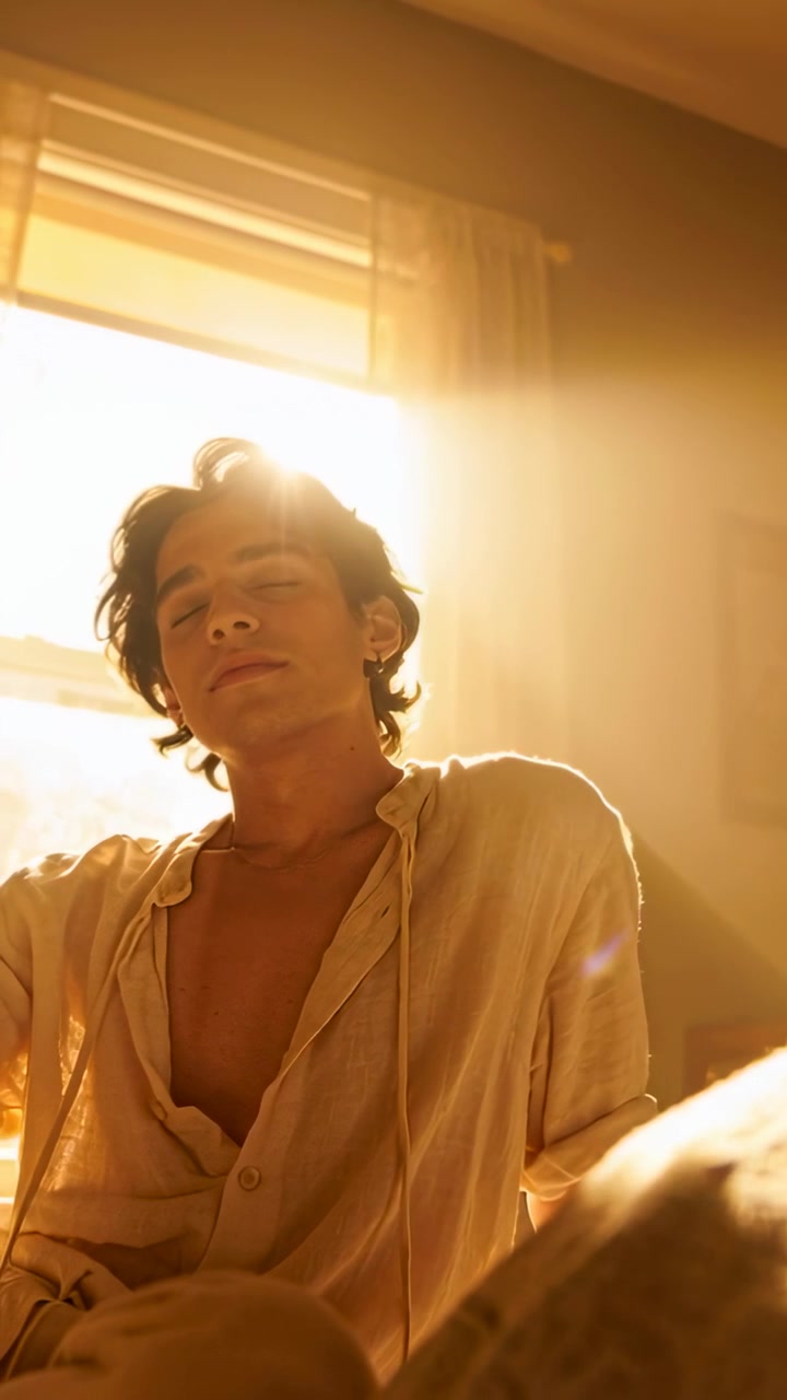 Vertical video: Closing eyes, man in loose shirt in bedroom soaking warm light from rising sunbeam